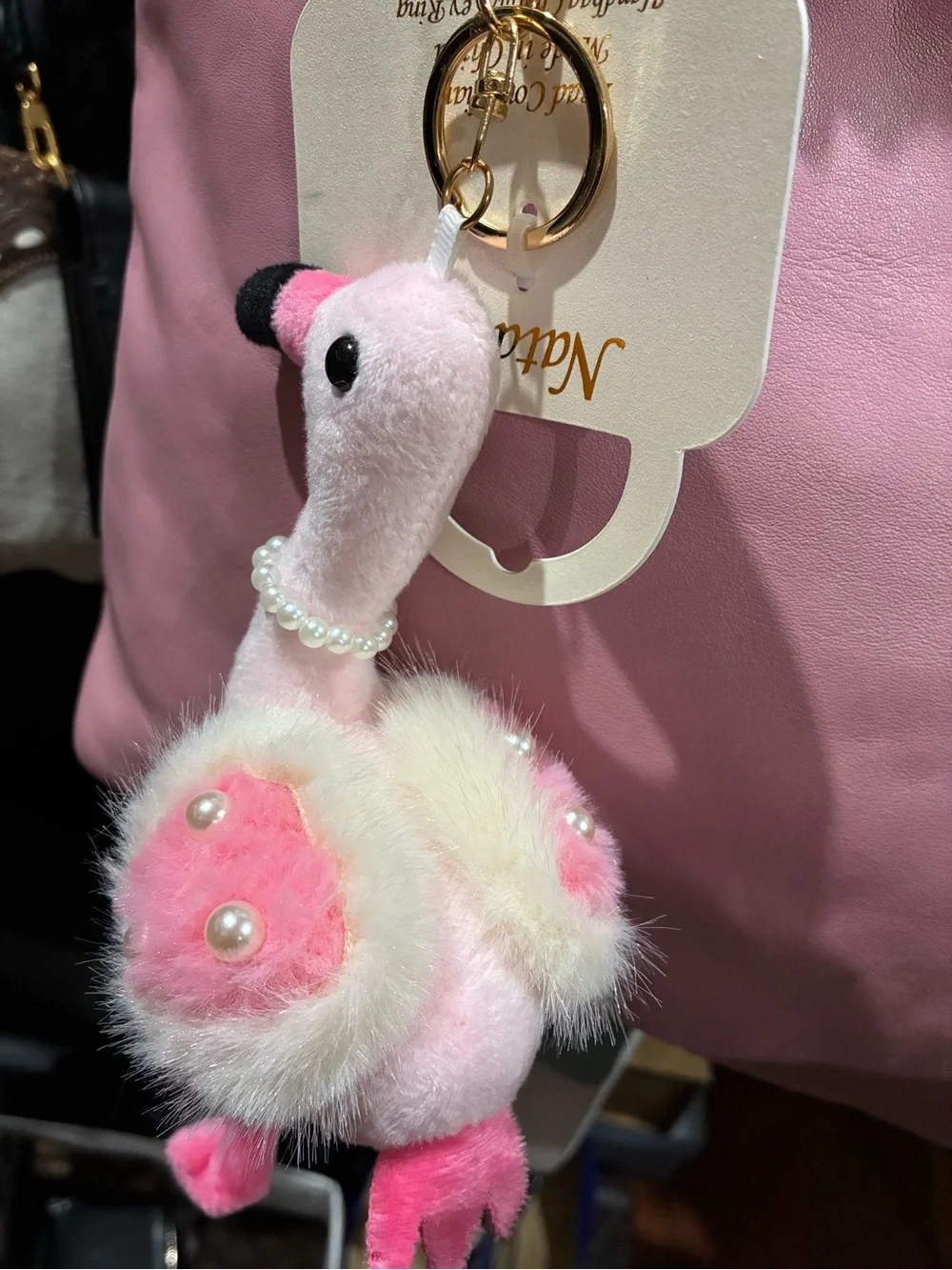 Natasha Pink Plush Flamingo Keychain with Pearl Necklace and Gold Heart